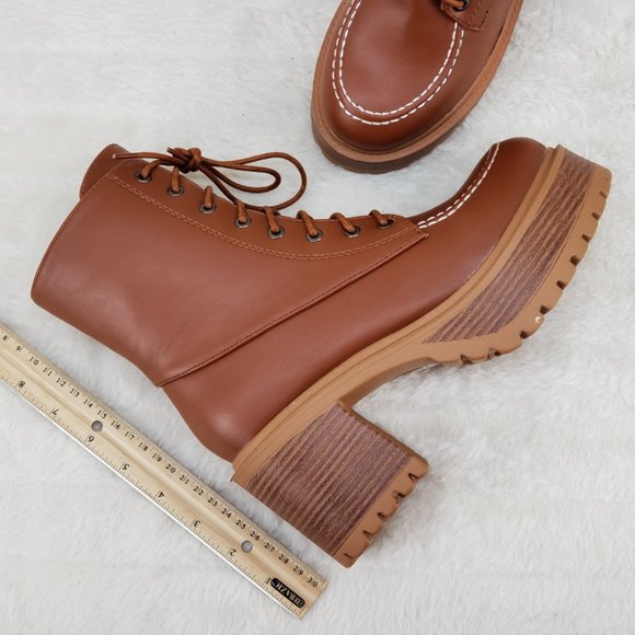 Light Weight Tan Wood Look Chunky Platform Combat Boots Stamp - Picture 10 of 12